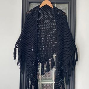 Black knit shawl with fringe detail